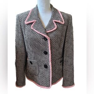 Bigio Collection Pink/black 3 Button Blazer Lined Fringed Edges Size 12